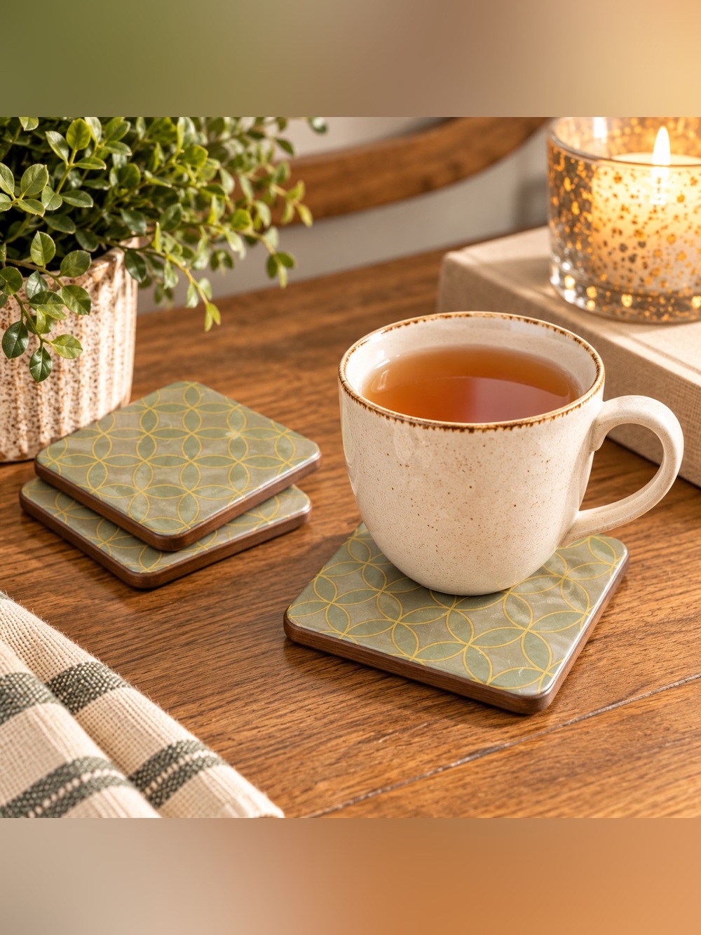 Sage Green Gold Geometric Decoupage Coaster Set of 4